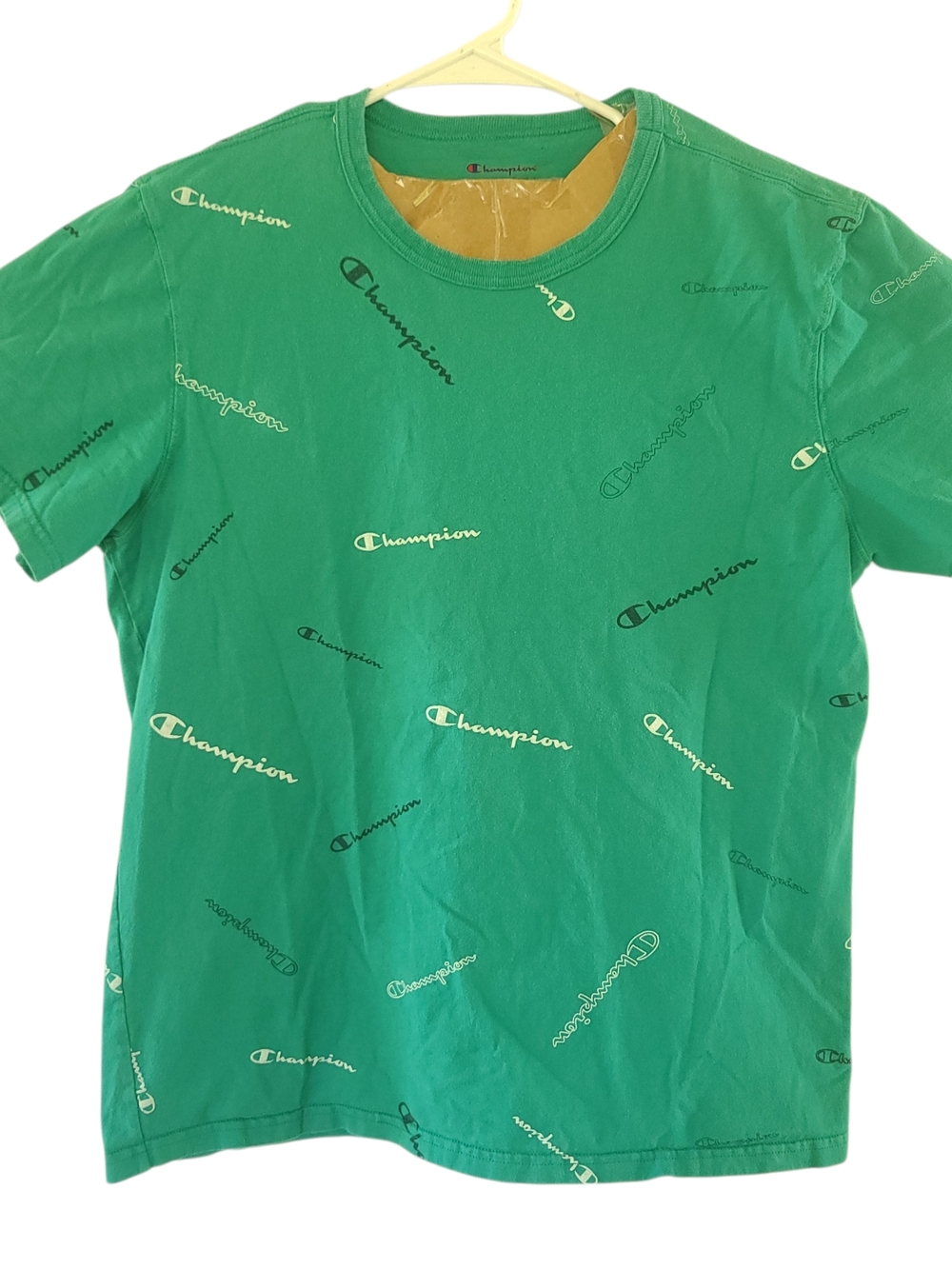 Champion Allover Tossed Script Logo Green Teal Tee Shirt Unisex